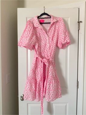 Lilly Pulitzer Cartley Pink Eyelet Shirt Dress with Tie Waist